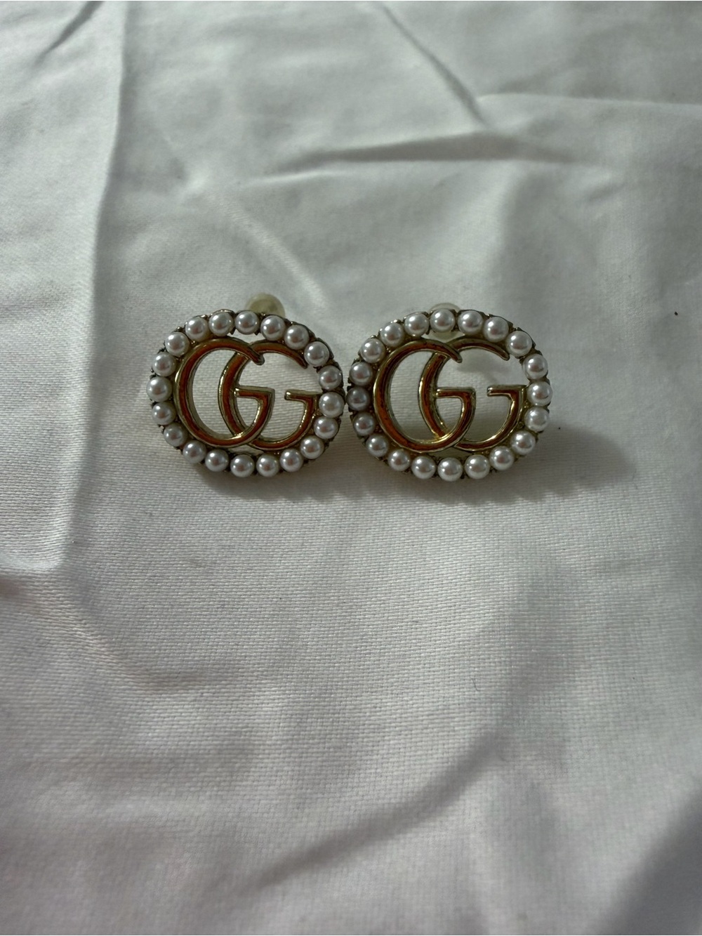 Inspired Pearl Trim Gold Tone G Logo Stud Earrings - White